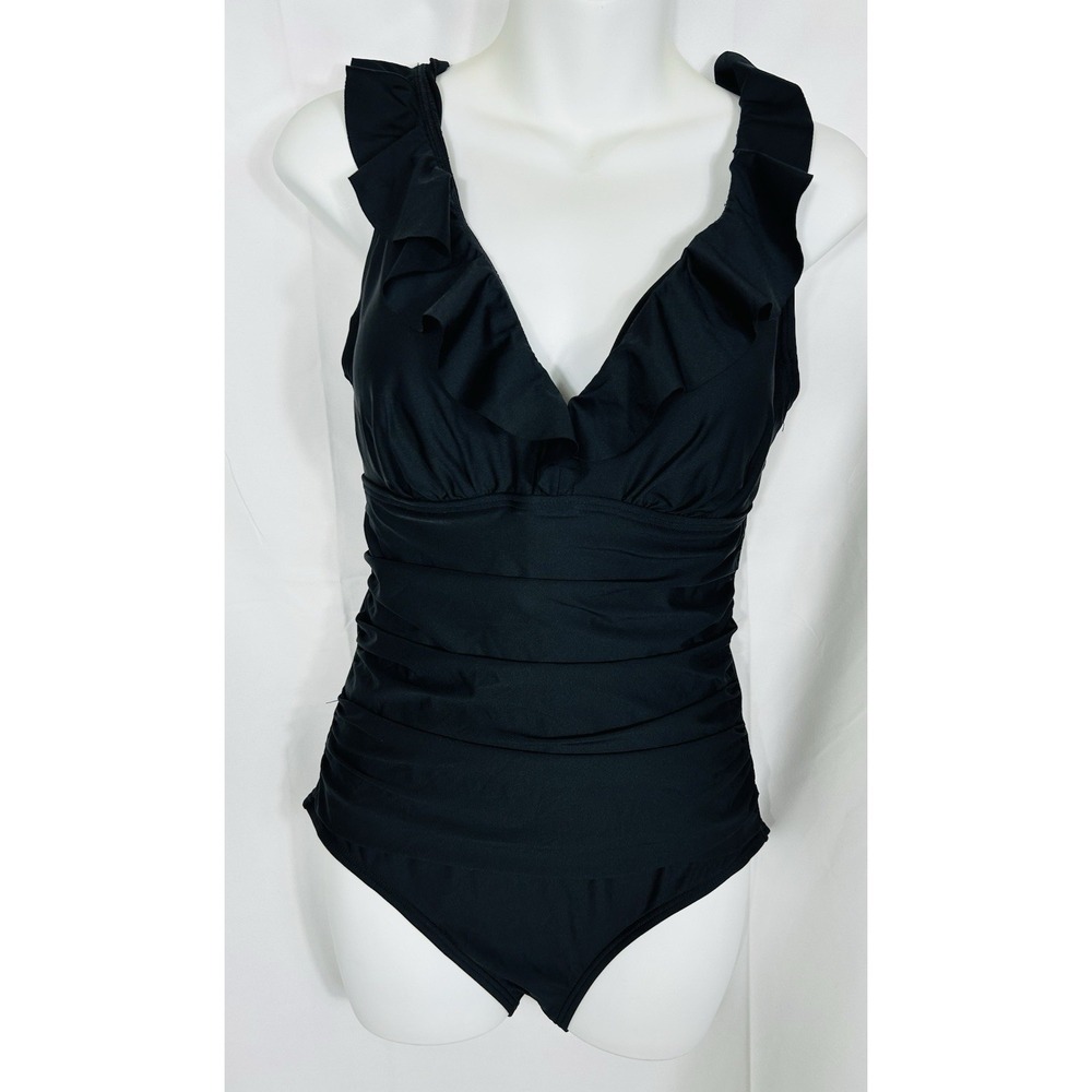 DKNY Womens Ruffle Plunge V-Neck One Piece Swimsuit Solid Black‎ Size M NWT - Picture 3 of 8